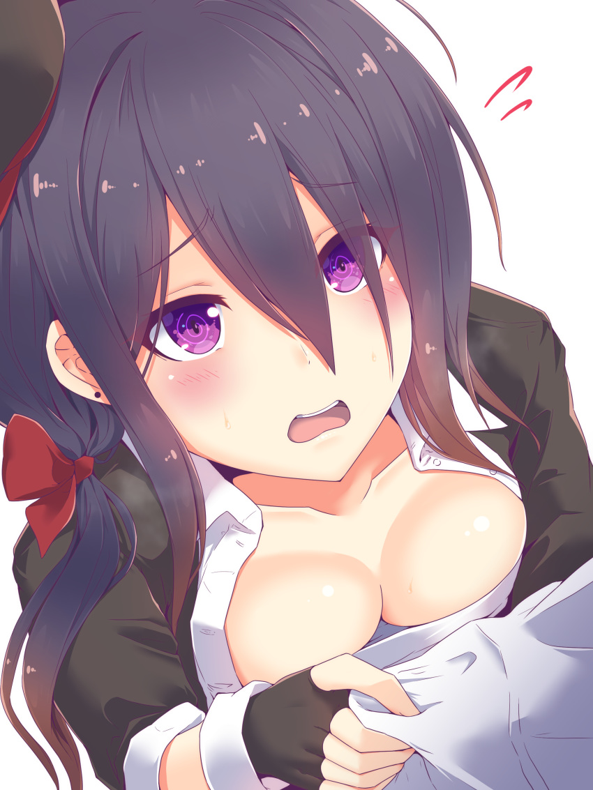 1girl 1other absurdres ariake_(kantai_collection) bangs black_gloves black_headwear blush bow breast_press breasts cleavage commentary_request fingerless_gloves gloves gradient_hair hair_between_eyes hair_bow hair_over_one_eye hat highres kantai_collection koumei_(twinameless) long_hair long_sleeves looking_at_viewer low_ponytail multicolored_hair open_mouth purple_eyes purple_hair solo