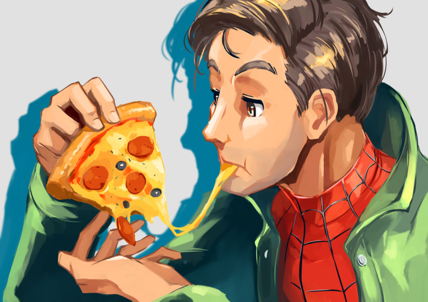 1boy brown_eyes brown_hair cheese cheese_trail eating food green_jacket hasegawa_(morebeer) highres holding holding_food holding_pizza jacket pepperoni peter_parker pizza pizza_slice shadow short_hair solo spider-man:_into_the_spider-verse spider-man_(series) upper_body