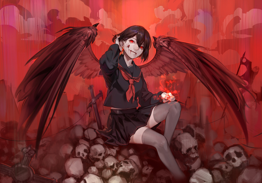 1girl absurdres black_hair black_legwear black_serafuku blood blood_on_face chiizu_namasu cloud cross cross_earrings demon_girl demon_wings earrings fangs feathered_wings fingernails flag glowing glowing_nails grey_legwear hair_between_eyes highres holding hoop_earrings jewelry orange_nails original planted red_eyes red_neckwear red_theme red_wings school_uniform serafuku short_hair sitting skull solo thighhighs torn torn_flag uniform wings