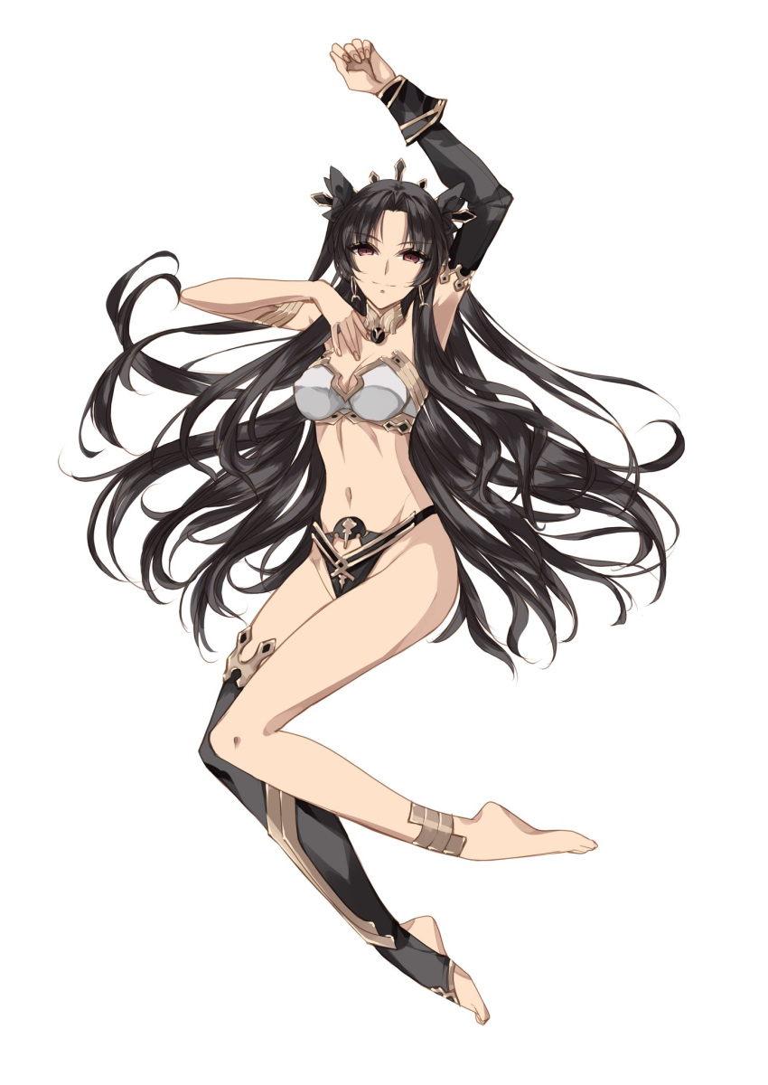 1girl ass black_background brown_hair crown earrings fate/grand_order fate_(series) feet full_body highres ishtar_(fate)_(all) ishtar_(fate/grand_order) jewelry legs long_hair looking_at_viewer misteor navel red_eyes simple_background single_thighhigh smile solo thighhighs toeless_legwear twintails white_background