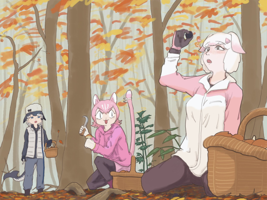 3girls :o @_@ absurdly_long_hair animal_ears arm_up autumn autumn_leaves bangs basket black_eyes black_gloves black_hair blue_eyes blue_hair cardigan casual cat_girl colored_inner_hair contemporary day dolphin_tail eyebrows_visible_through_hair forest full_body gloves grey_hair hair_ornament hands_up hat highres holding hood hood_down hoodie kemono_friends leaf long_hair looking_at_another looking_at_object medium_hair multicolored_hair multiple_girls mushroom narwhal_(kemono_friends) nature one_knee open_mouth outdoors panther_ears panther_girl panther_tail pants pantyhose peach_panther_(kemono_friends) pig_(kemono_friends) pig_ears pig_girl pig_nose pink_hair short_hair sickle side_ponytail sitting skirt slit_pupils standing tail tail_raised tree truffle two-tone_hair tyapatake v-shaped_eyebrows very_long_hair vest white_hair