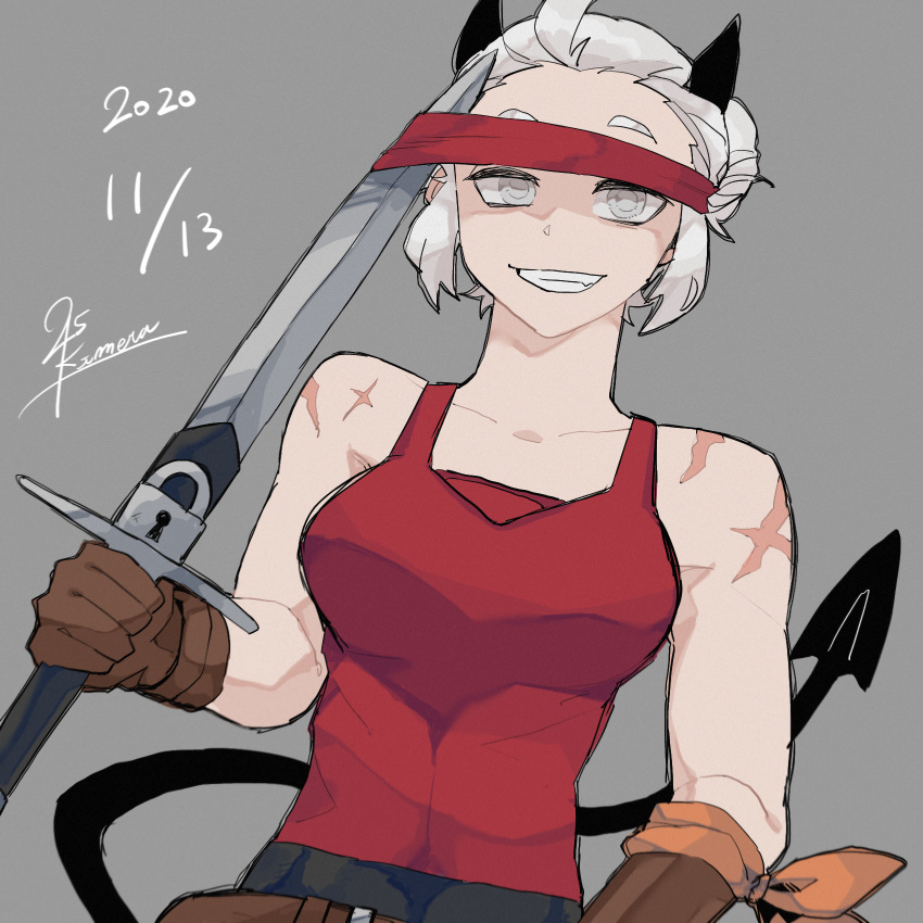 25_kimera alternate_costume black_horns blind breasts brown_gloves collarbone commentary_request dated demon_girl demon_horns demon_tail fang gloves grey_eyes grin helltaker highres holding holding_sword holding_weapon horns justice_(helltaker) large_breasts muscle red_blindfold red_shirt scar shirt short_hair signature sketch smile sword tail upper_body weapon white_hair