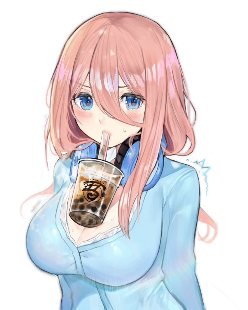 1girl absurdres arms_behind_back blue_eyes breasts bubble_tea bubble_tea_challenge drinking_straw go-toubun_no_hanayome headphones headphones_around_neck highres large_breasts looking_to_the_side najjo nakano_miku red_hair solo