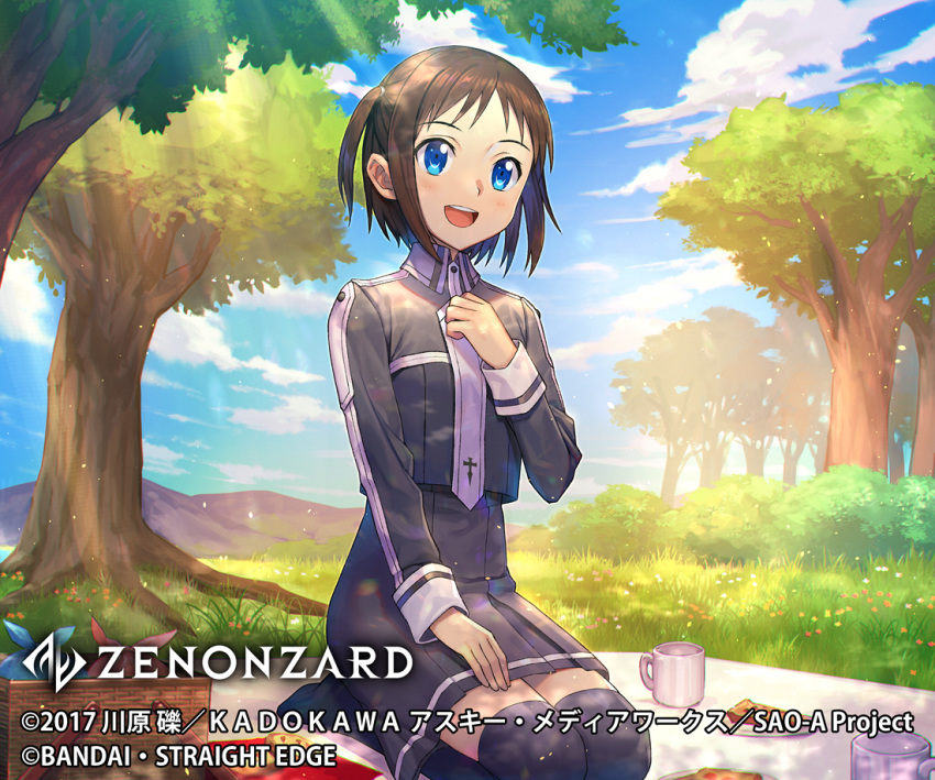 1girl :d black_jacket black_legwear black_skirt blue_eyes blush brown_hair commentary_request cup day food grass hand_on_own_thigh hand_up hashimoto_hato jacket long_sleeves looking_at_viewer no_shoes official_art open_mouth outdoors picnic picnic_basket pie plate ronye_arabel seiza short_hair sitting skirt smile sword_art_online thighhighs tree upper_teeth zenonzard