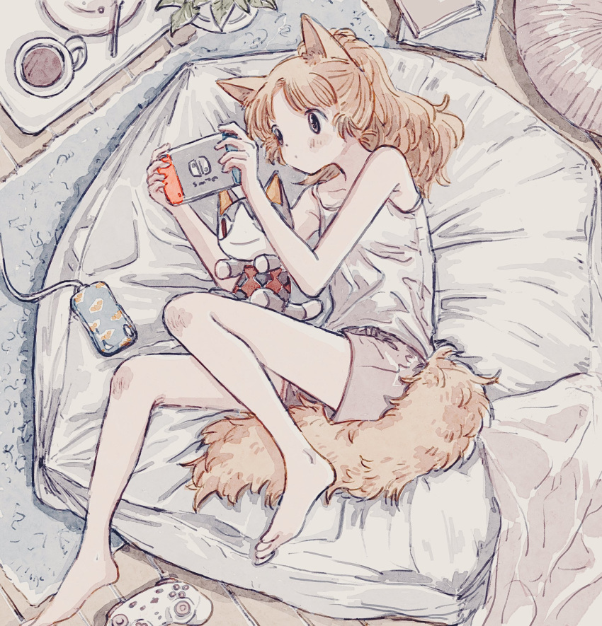 1girl animal_ears barefoot eokaku_surimi from_above highres lying medium_hair nintendo_switch on_side original shorts solo stuffed_animal stuffed_toy tail tank_top tied_hair