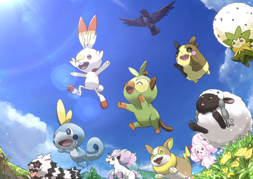 absurdres alcremie blue_eyes brown_eyes closed_mouth cloud commentary_request corviknight day eldegoss fangs flower from_below galarian_form galarian_ponyta galarian_zigzagoon gen_8_pokemon grass grookey happy highres lens_flare morpeko morpeko_(full) no_humans open_mouth outdoors pokemon pokemon_(creature) rii2 scorbunny sky smile sobble tongue wooloo yamper yellow_flower