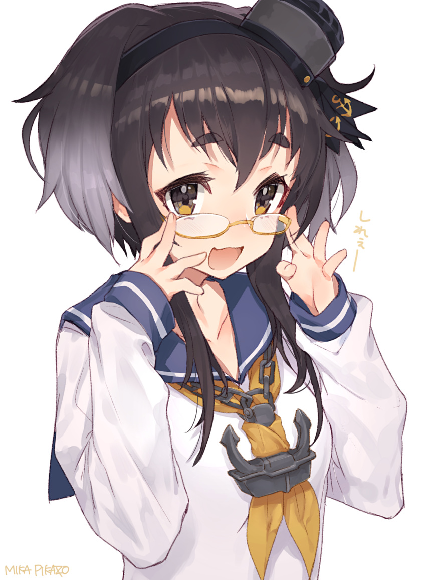 1girl artist_name bespectacled black_hair glasses hairband hat highres kantai_collection mika_pikazo mini_hat multicolored_hair open_mouth orange_eyes school_uniform serafuku short_hair_with_long_locks smile solo tokitsukaze_(kantai_collection) translated