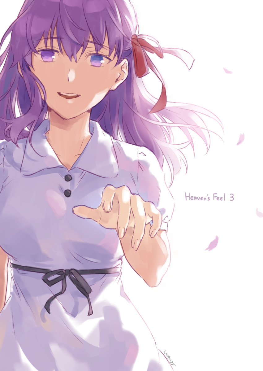 1girl :d bangs black_ribbon collarbone collared_dress dress eyebrows_visible_through_hair fate/stay_night fate_(series) floating_hair hair_between_eyes hair_ribbon heaven's_feel highres ikeine_2z long_hair looking_at_viewer matou_sakura open_mouth petals purple_eyes purple_hair red_ribbon rei_no_himo ribbon short_sleeves sketch smile solo standing sundress white_background white_dress wing_collar