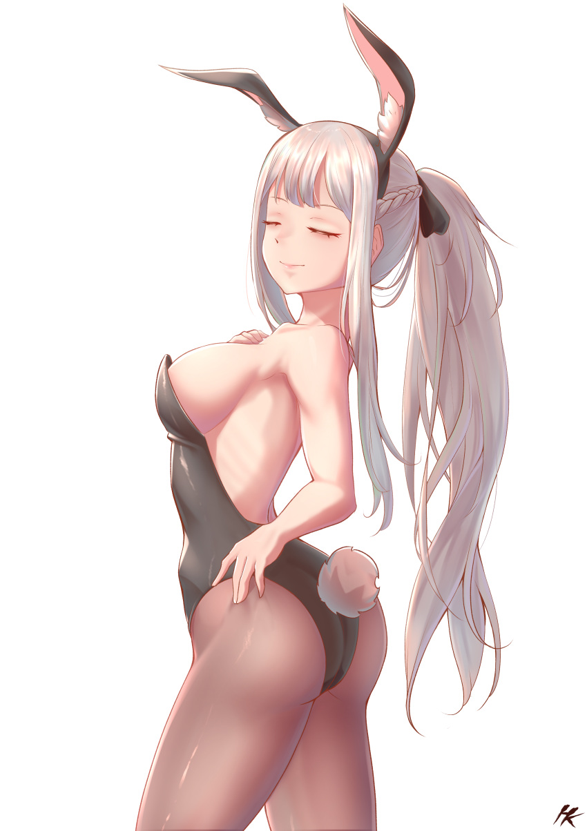 1girl absurdres ak-12_(girls_frontline) animal_ears back bare_shoulders black_leotard black_ribbon braid breasts brown_legwear bunny_ears bunny_girl bunny_tail cleavage closed_eyes covered_navel cowboy_shot eyebrows_visible_through_hair fake_animal_ears fake_tail french_braid girls_frontline gradient gradient_background ha_kang hair_ribbon hand_on_own_chest highres leotard medium_breasts pantyhose playboy_bunny ponytail ribbon silver_hair smile standing strapless strapless_leotard tail white_background wrist_cuffs