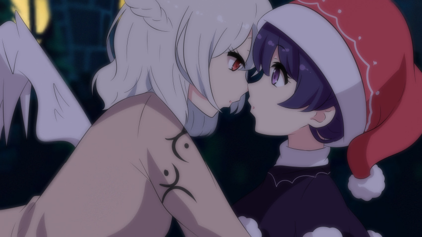 2girls :o beige_jacket blue_shirt blurry blurry_background braid doremy_sweet eyebrows_visible_through_hair eyelashes french_braid from_side hat highres imminent_kiss kishin_sagume looking_at_another medium_hair multiple_girls nightcap pom_pom_(clothes) profile purple_eyes red_eyes red_headwear shirt silver_hair single_wing touhou upper_body wings yukome yuri