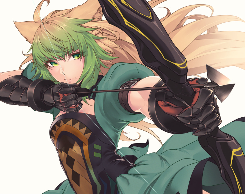 1girl ahoge animal_ears atalanta_(fate) black_panties blonde_hair bow_(weapon) cat_ears dress fate/apocrypha fate_(series) gauntlets green_hair highres hikichi_sakuya long_hair multicolored_hair panties puffy_short_sleeves puffy_sleeves short_sleeves solo two-tone_hair underwear weapon