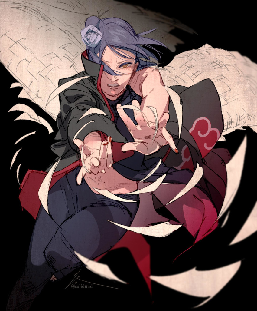 1girl akatsuki_(naruto) akatsuki_uniform black_background dynamic_pose fighting_stance flower flying hair_flower hair_ornament highres konan naruto naruto_(series) naruto_shippuuden origami paper purple_hair short_hair solo white_wings wings zifletts