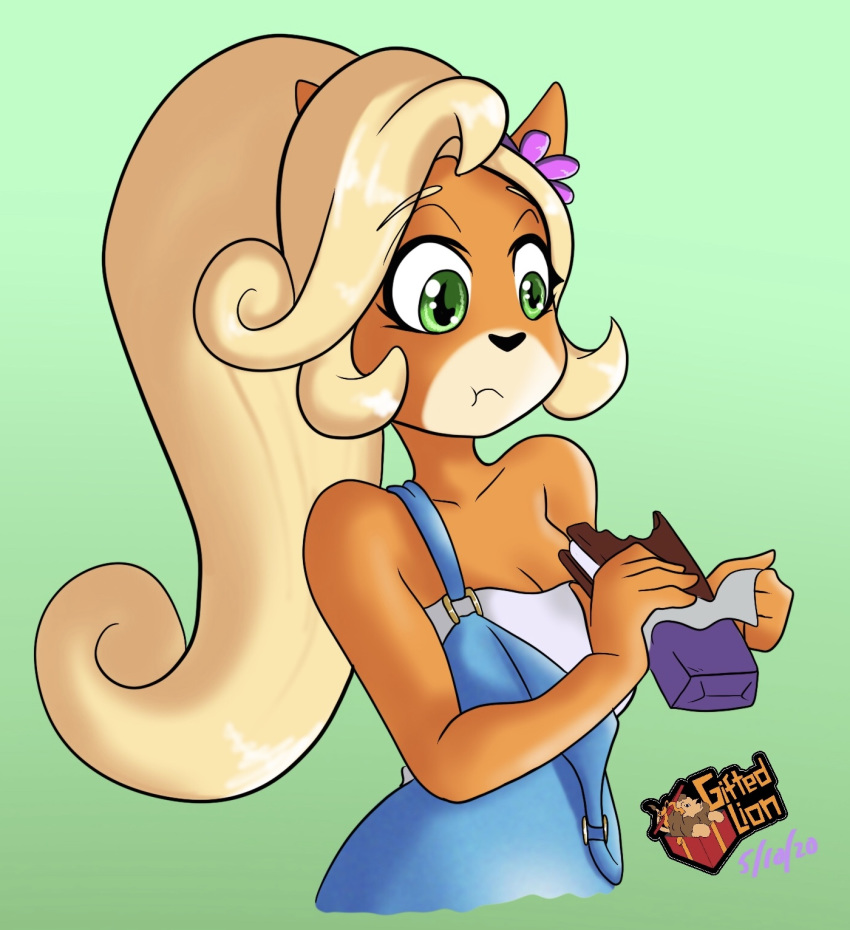 activision anthro bandicoot breasts cleavage clothed clothing coco_bandicoot crash_bandicoot_(series) dessert female food gifted_lion hair hi_res ice_cream ice_cream_sandwich mammal marsupial overalls solo video_games