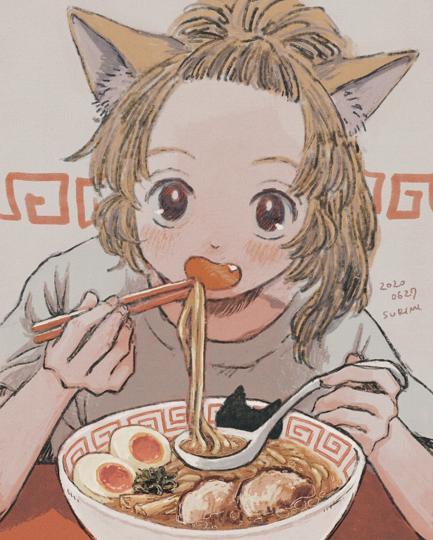 1girl animal_ears dated eating eokaku_surimi fang grey_shirt highres looking_at_viewer open_mouth original shirt signature solo spoon tagme