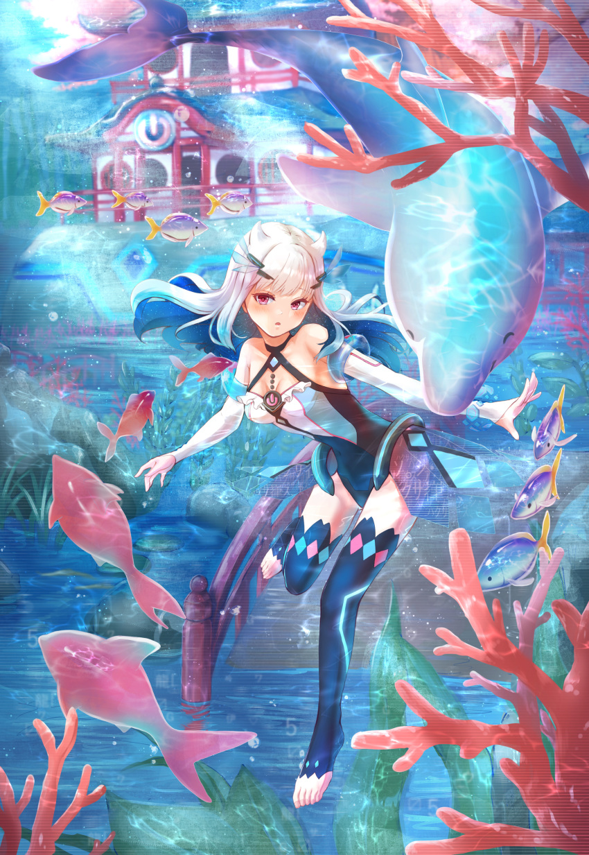 1girl absurdres barefoot blush coral detached_leggings detached_sleeves dolphin fish floating freediving highres kanechitomoyo laurels long_hair magia_record:_mahou_shoujo_madoka_magica_gaiden mahou_shoujo_madoka_magica mannenzakura_no_uwasa ocean_bottom purple_eyes swimming toeless_legwear underwater underwater_house white_hair