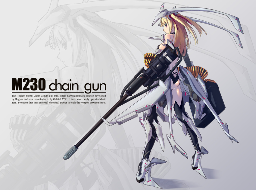 1girl blonde_hair english_text looking_at_viewer looking_back m230_chain_gun mecha_musume nenchi original red_eyes solo standing two_side_up zoom_layer