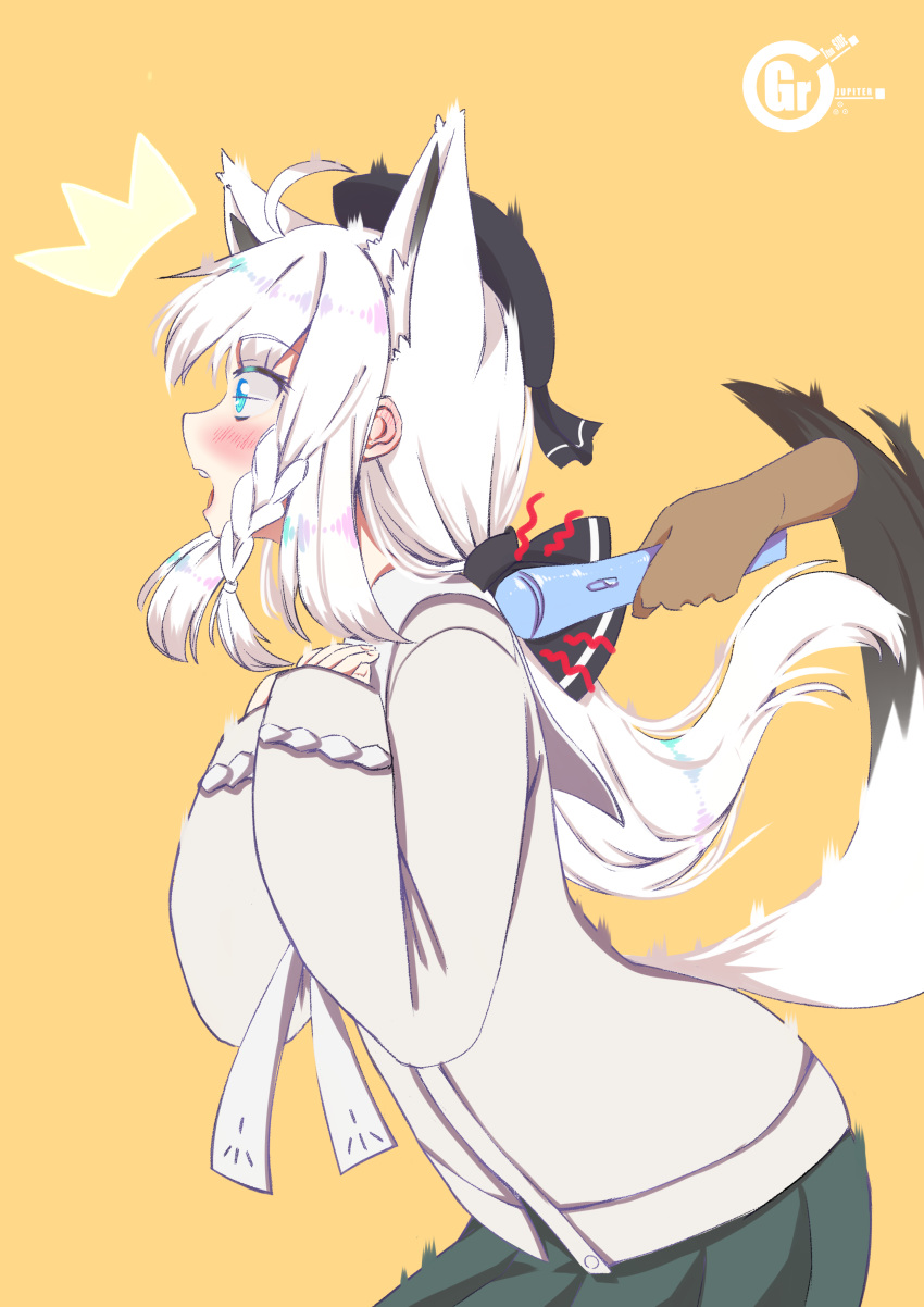 1girl absurdres animal_ear_fluff animal_ears blush braid fox_ears fox_girl fox_tail highres hololive massager open_mouth sex_toy shirakami_fubuki solo tail vibrator virtual_youtuber white_hair