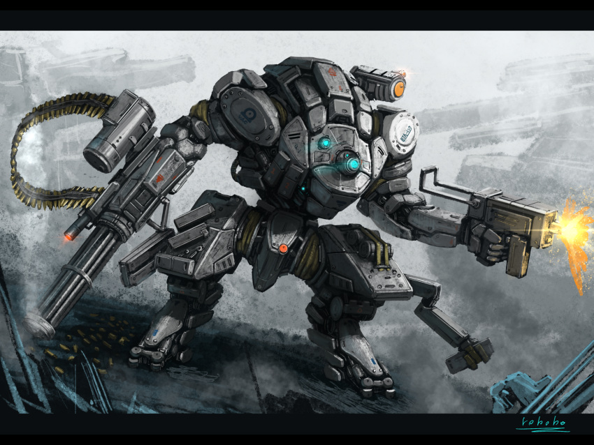 blue_eyes bottoms1237 chain_gun glowing glowing_eyes gun handgun highres holding holding_gun holding_weapon mecha no_humans original pistol science_fiction shoulder_cannon solo weapon