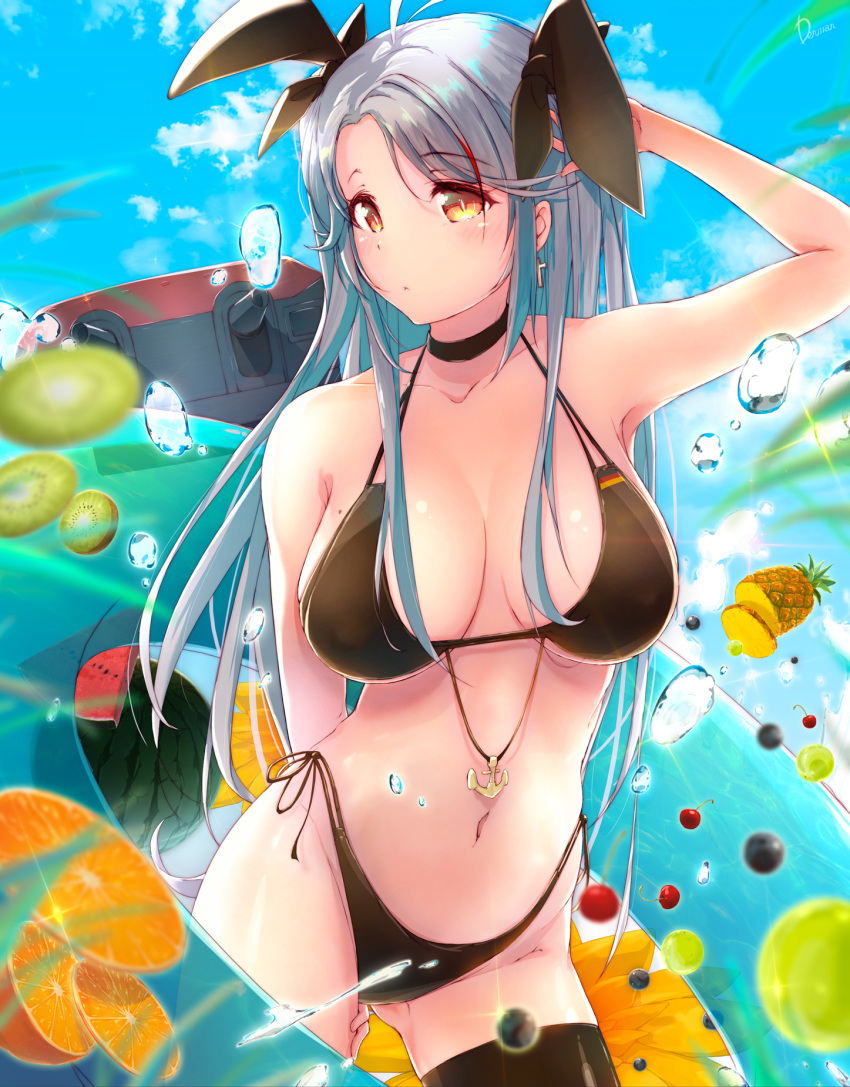 1girl azur_lane bikini black_bikini breasts cleavage commentary commentary_request covered_nipples dermar food fruit hair_ribbon highres kiwi_slice large_breasts long_hair looking_at_viewer mole mole_on_breast orange pineapple prinz_eugen_(azur_lane) prinz_eugen_(unfading_smile)_(azur_lane) ribbon silver_hair solo summer swimsuit thigh_strap