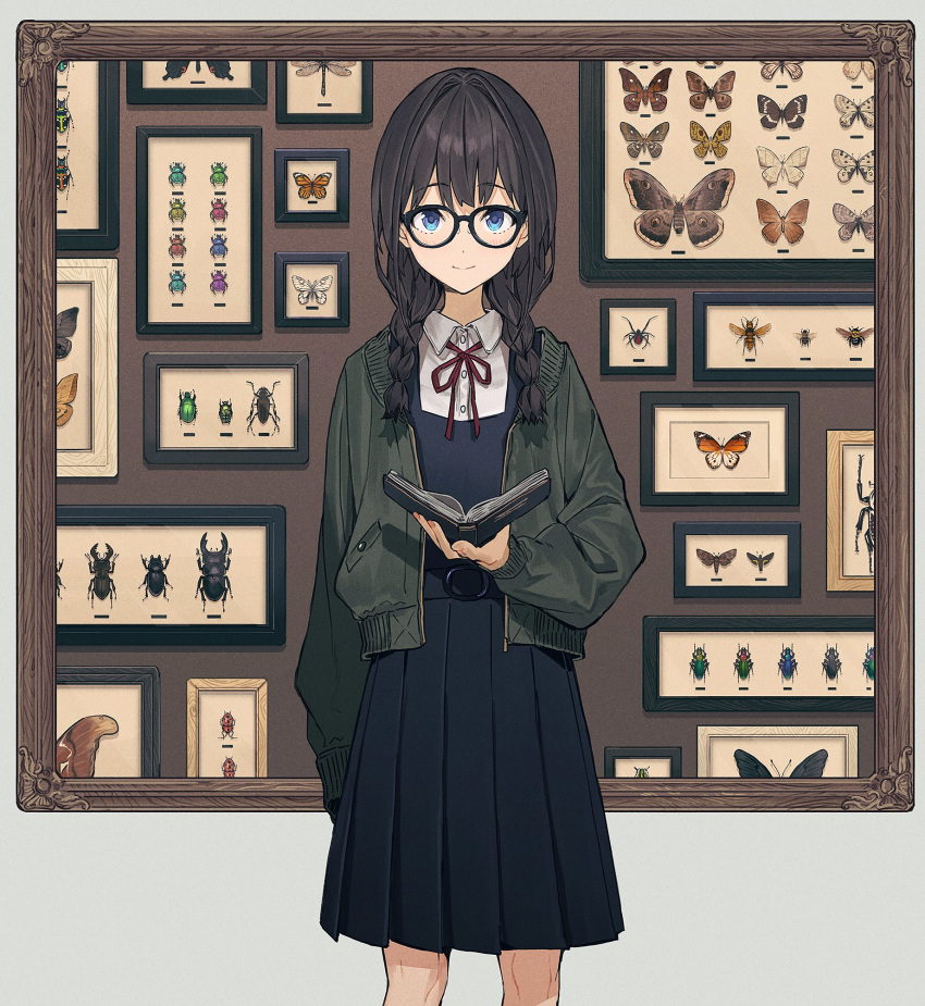 1girl arm_at_side bangs beetle black-framed_eyewear blue_eyes blush book bow braid brown_hair bug butterfly dot_nose dragonfly dress dress_shirt eyebrows_visible_through_hair feet_out_of_frame frame framed_insect glasses green_jacket hair_over_shoulder highres holding holding_book insect jacket long_sleeves looking_at_viewer medium_hair moth nail_polish neck_ribbon open_clothes open_jacket original pinafore_dress pleated_skirt red_bow ribbon shirt skirt smile solo stag_beetle standing teshima_nari twin_braids twintails white_shirt
