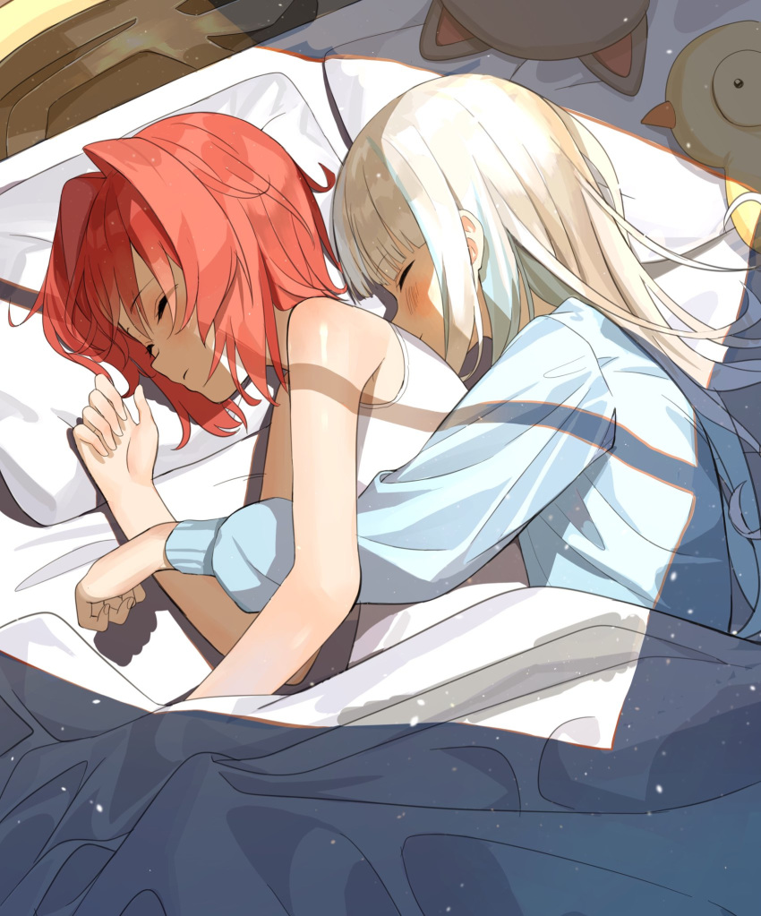 2girls ange_katrina bangs bare_arms bare_shoulders bed blanket blonde_hair blush closed_eyes commentary_request from_above from_side hair_ornament highres hug hug_from_behind indoors lize_helesta long_hair long_sleeves lying multiple_girls nijisanji on_bed on_side pillow red_hair sen_(sennosenn1127) shadow shirt short_hair sleeping spooning stuffed_toy sunlight tank_top under_covers virtual_youtuber yuri