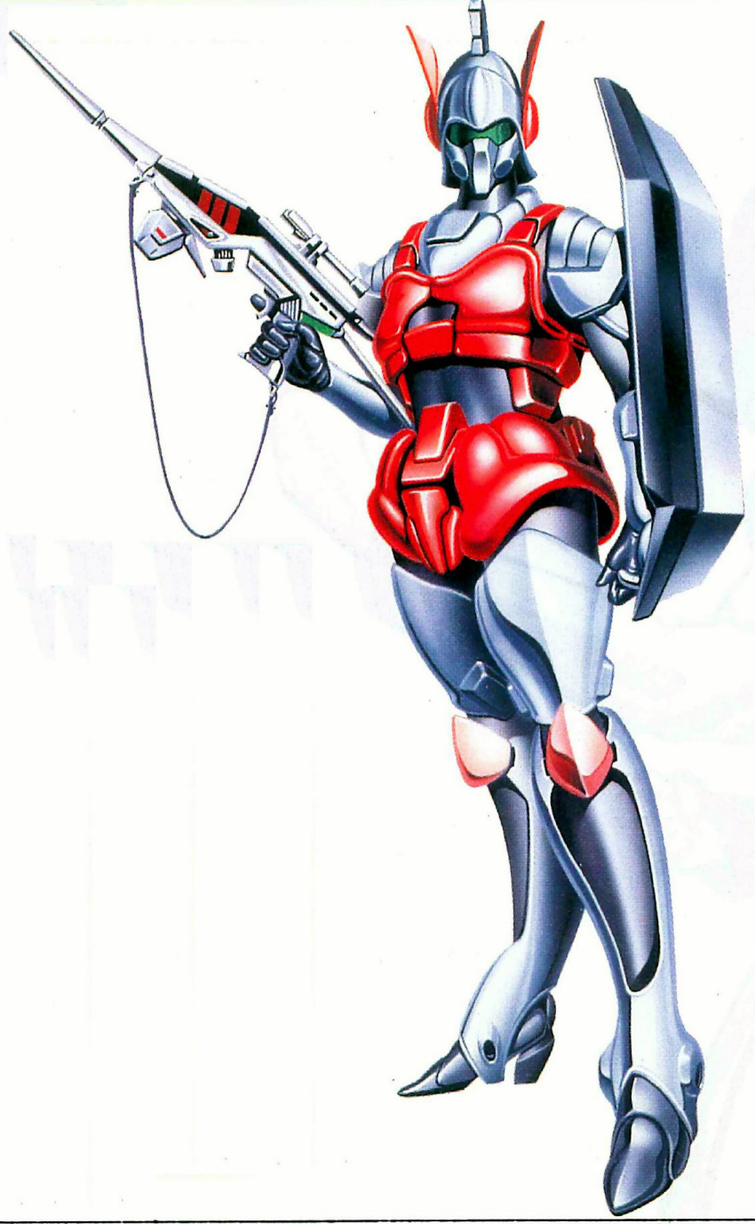 1980s_(style) 1girl arming_doublet armor artist_request atac battery battery_indicator beam_rifle body_armor boots box_art choujikuu_kidan_southern_cross energy_gun form_fitting gloves helmet highres jeanne_francaix looking_at_viewer mask mecha official_art pilot_suit power_suit production_art promotional_art radio_antenna realistic retro_artstyle scan science_fiction scope shield shoulder_armor simple_background soldier solo spacesuit strap traditional_media trigger trigger_discipline visor weapon