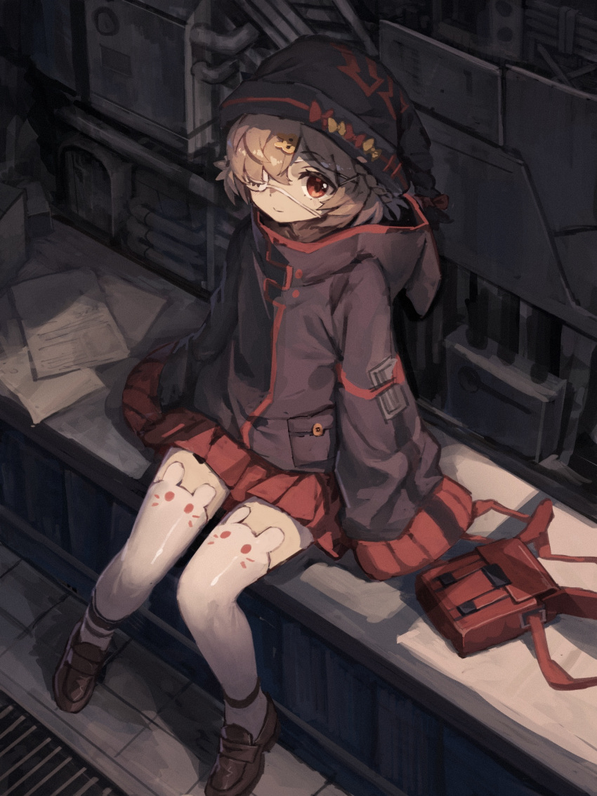 1girl arknights bag bag_removed bandages bangs blonde_hair bunny_hair_ornament eyepatch from_above hair_ornament hair_over_one_eye hat highres hood hood_down jacket loafers long_sleeves looking_at_viewer popukar_(arknights) pouch red_eyes red_pouch red_skirt shoes short_hair sitting skirt sleeves_past_wrists smile solo thighhighs white_legwear yanyan_(shinken_gomi)