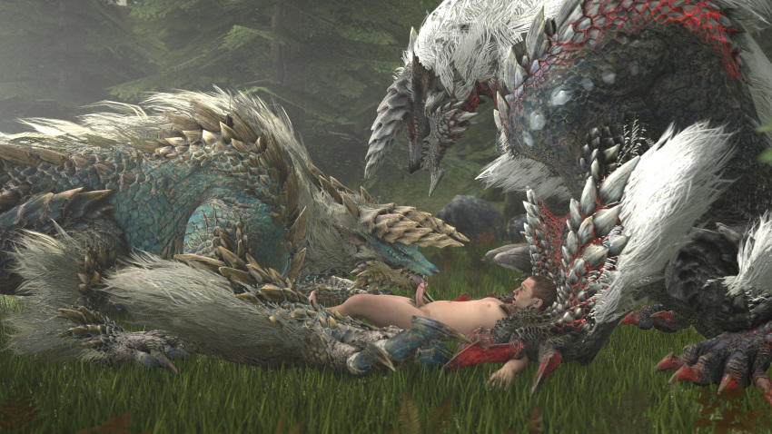 16:9 2020 3d_(artwork) 4k absurd_res ambiguous_gender bestiality capcom claws digital_media_(artwork) domination erection fanged_wyvern fellatio feral forest genitals group hair hi_res human human_on_feral interspecies ivorylagiacrus licking male male_on_feral mammal monster_hunter nude open_mouth oral paws penile penis penis_lick pinned scalie sex sitting source_filmmaker stygian_zinogre tongue tongue_out tree video_games widescreen zinogre