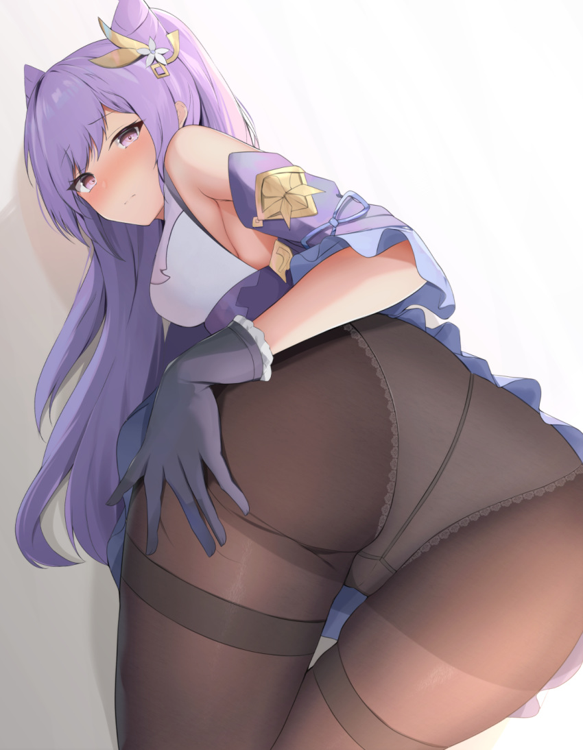 1girl ass bare_shoulders bent_over black_gloves blush breasts closed_mouth crotch_seam detached_sleeves embarrassed from_behind frown genshin_impact gloves hair_ears hair_ornament hand_on_ass highres houraku keqing long_hair looking_at_viewer looking_back medium_breasts nose_blush panties panties_under_pantyhose pantyhose pink_eyes purple_hair sidelocks simple_background solo standing thighband_pantyhose underwear white_background white_panties