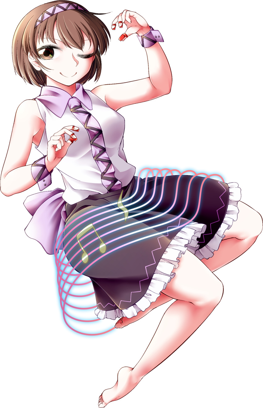 0-den 1girl barefoot black_skirt brown_eyes brown_hair closed_eyes collared_shirt frilled_skirt frills full_body hairband highres looking_at_viewer musical_note one_eye_closed purple_hairband shirt short_hair simple_background skirt sleeveless sleeveless_shirt smile solo touhou tsukumo_yatsuhashi white_background white_shirt wrist_cuffs