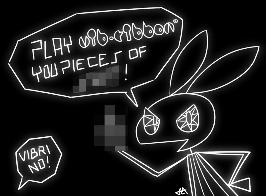 ! angry anthro black_background censored censored_text clothed clothing dialogue digital_media_(artwork) dress female gesture lagomorph leporid looking_at_viewer mammal middle_finger monochrome open_mouth polygons rabbit simple_background solo sony_corporation sony_interactive_entertainment speech_bubble talking_to_viewer typhlosion95 vib-ribbon vibri video_games