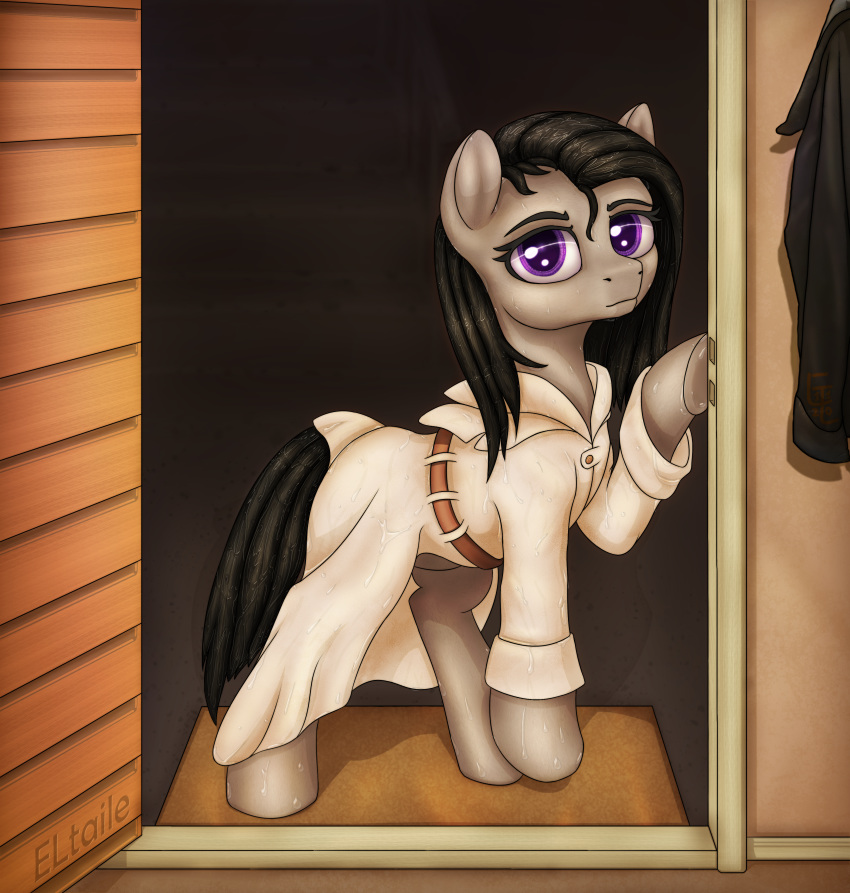 absurd_res belt clothing coat door eltaile equid equine female friendship_is_magic hasbro hi_res horse inside jacket looking_at_viewer mammal my_little_pony octavia_(mlp) octavia_melody pony raincoat raindrops semi-anthro solo topwear wet wet_mane