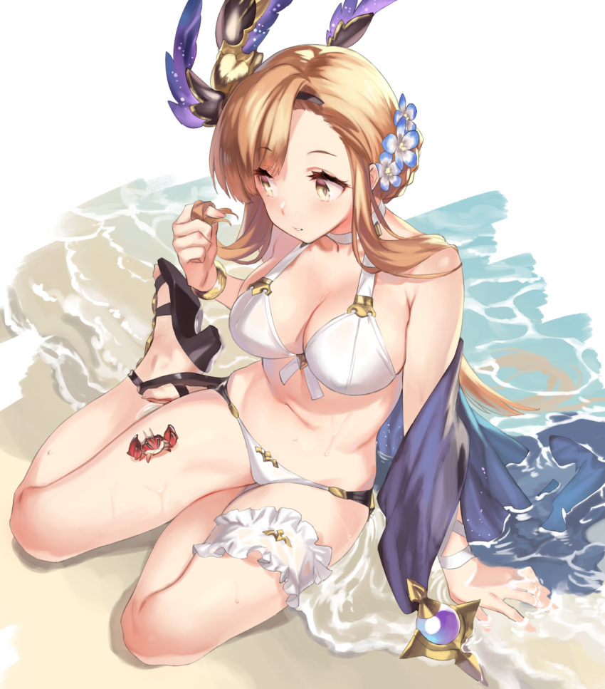 1girl 92m arm_support bangle bangs bare_shoulders bikini bracelet breasts brown_eyes brown_hair cleavage collarbone crab flower granblue_fantasy hair_flower hair_ornament hairband halterneck head_wings high_heels highres jewelry large_breasts leg_garter long_hair navel parted_lips playing_with_own_hair sand shawl sidelocks sitting solo song_(granblue_fantasy) swimsuit transparent_background water wet wet_hair yokozuwari