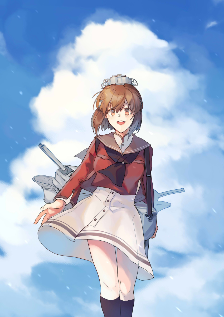 1girl absurdres black_legwear blue_sky brown_eyes brown_hair brown_neckwear chinese_commentary cloud commentary_request dress feet_out_of_frame grey_sailor_collar hair_ornament hairclip headgear highres kantai_collection kneehighs looking_at_viewer machinery nan_(nanyayyay) neckerchief red_shirt remodel_(kantai_collection) sailor_collar sailor_dress sailor_shirt shirt short_hair sky solo tan_yang_(kantai_collection) white_dress yukikaze_(kantai_collection)
