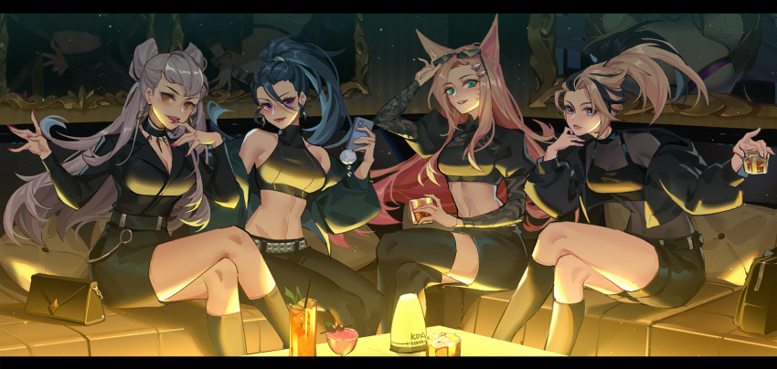 4girls ahri akali alcohol animal_ears bag bare_shoulders belt black_bag black_choker black_hair blonde_hair blue_eyes blue_hair blush breasts cellphone chain cherry choker cleavage collarbone crossed_legs cup double_bun drink earrings evelynn_(league_of_legends) eyewear_on_head facial_mark finger_licking fingernails food fox_ears fox_girl frame fruit green_eyes grey_hair hair_between_eyes hair_bun heart highres holding holding_cup holding_phone hoop_earrings indoors jewelry kan_(rainconan) league_of_legends licking light_particles long_hair long_ponytail multicolored multicolored_hair multiple_girls navel orange_hair parted_lips phone pink_hair pink_nails ponytail portrait_(object) purple_eyes sitting slit_pupils smile studded_belt table the_baddest_ahri the_baddest_akali the_baddest_evelynn the_baddest_kai'sa tongue tongue_out whisker_markings