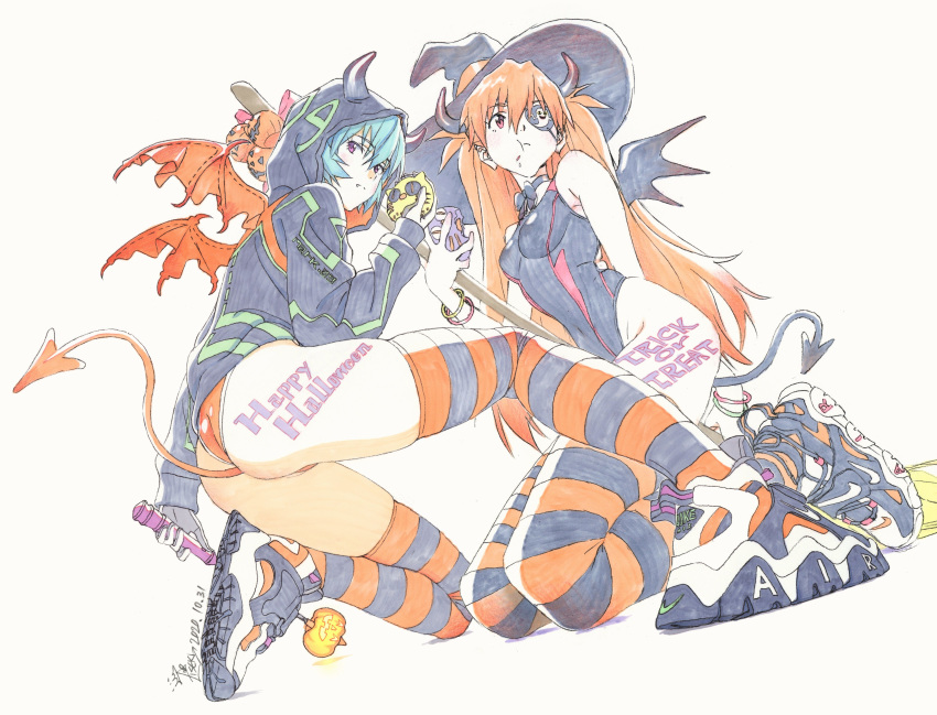 1girl 2019 :t absurdres ass ayanami_rei black_choker black_swimsuit blue_hair broom broom_riding choker competition_swimsuit cookie covered_navel dated demon_horns demon_tail demon_wings eating eyepatch food ghost groin halloween halloween_costume hat highleg highleg_swimsuit highres horns iseki_shuuichi jack-o'-lantern jacket kneeling legs neon_genesis_evangelion one-piece_swimsuit red_eyes ribbon_choker shoes short_hair skin_tight skull sneakers solo souryuu_asuka_langley striped striped_legwear swimsuit tail thighhighs thighs traditional_media trick_or_treat wings witch_hat