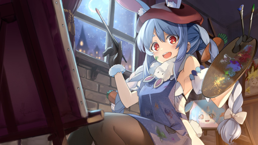 animal_ears apron beret black_gloves blue_hair braid breasts brick_wall building bunny_ears bunny_tail carrot curtains don-chan_(usada_pekora) fur-trimmed_gloves fur_trim gloves hat highres holding holding_paintbrush hololive indoors kito_koruta moon moonlight multicolored_hair night open_mouth paint_splatter paint_stains paintbrush painting painting_(object) palette pantyhose passpartout:_the_starving_artist red_eyes sitting small_breasts tail thighs twin_braids twintails two-tone_hair usada_pekora window