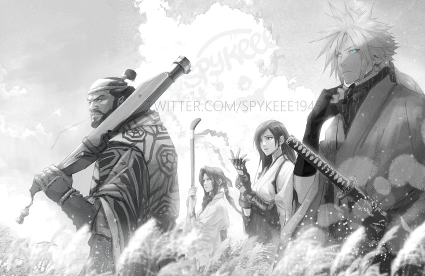 2boys 2girls adjusting_clothes adjusting_gloves aerith_gainsborough armor artist_name barret_wallace blonde_hair blue_eyes brown_eyes cannon cloud cloud_strife dark_skin dark_skinned_male field final_fantasy final_fantasy_vii ghost_of_tsushima gloves green_eyes greyscale highres japanese_armor long_hair looking_afar monochrome multiple_boys multiple_girls red_eyes robe scarf serious sheath signature sky spiked_hair spykeee1945 staff sword tifa_lockhart twitter_username weapon wheat_field