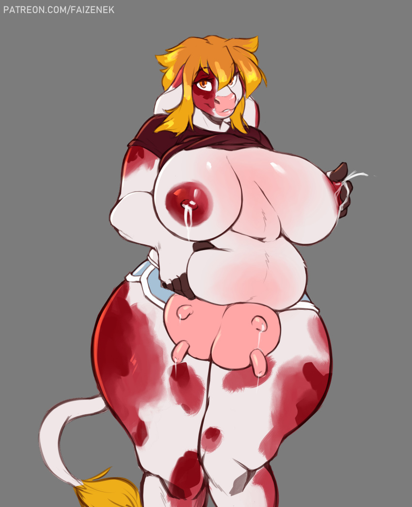 absurd_res anthro big_breasts bodily_fluids bovid bovine breasts cattle clothed clothing faizenek female hi_res lactating mammal overweight overweight_anthro overweight_female partially_clothed simple_background solo teats text udders url