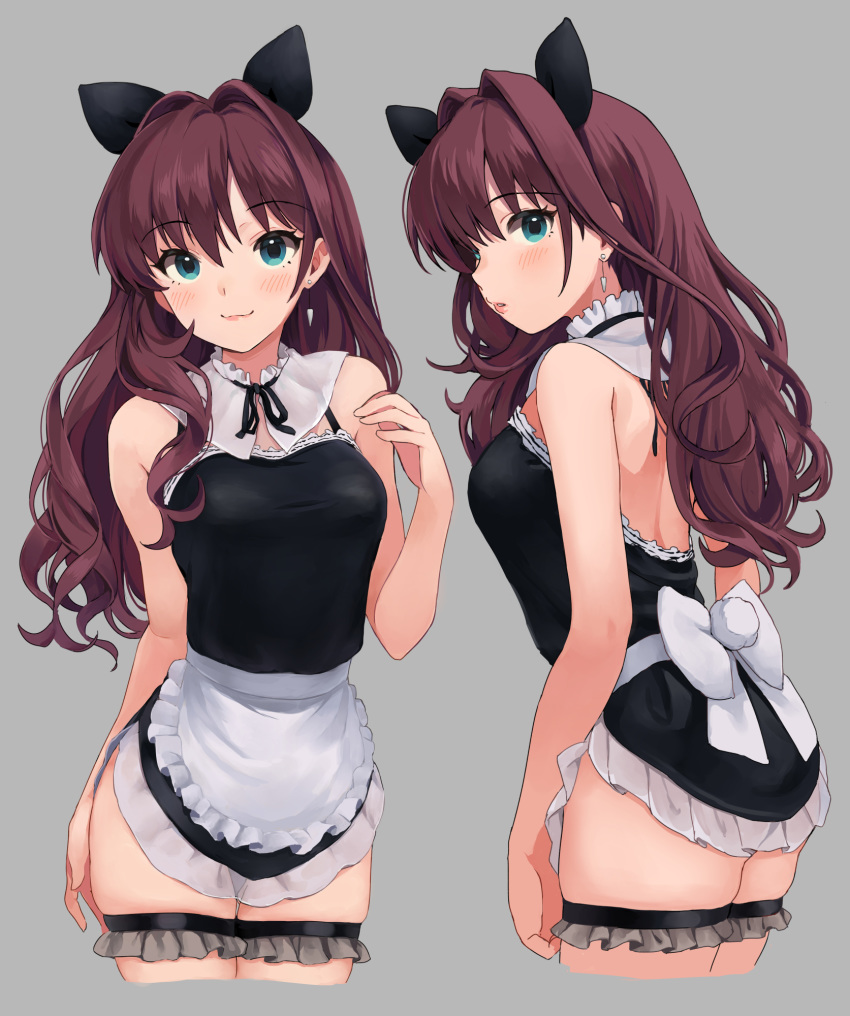 1girl :3 alternate_costume apron back backless_leotard bare_arms bare_shoulders black_bow black_leotard black_neckwear blush bow breasts cowboy_shot cropped_legs detached_collar dress ear earrings enmaided eyebrows_visible_through_hair frills from_side green_eyes grey_background hair_bow hair_intakes highres ichinose_shiki idolmaster idolmaster_cinderella_girls jewelry kirarin369 lace leg_garter leotard lips long_hair maid medium_breasts multiple_views neck_ribbon pursed_lips red_hair ribbon short_dress sleeveless smile solo standing string_tie wavy_hair white_apron