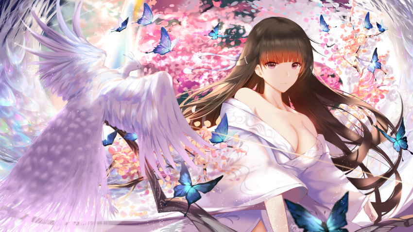 1girl absurdres animal armpit_crease bangs bare_shoulders bird black_hair branch breasts brown_eyes bug butterfly cleavage closed_mouth collarbone commentary_request eyebrows_visible_through_hair floating_hair flower hair_ornament hairclip higandgk highres hime_cut insect japanese_clothes kimono large_breasts light_smile long_hair long_sleeves looking_at_viewer off_shoulder original peacock petals solo upper_body very_long_hair white_kimono wide_sleeves