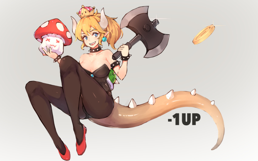 axe bare_shoulders blonde_hair blue_eyes bowsette bracelet breasts cleavage collar crown earrings horns jewelry large_breasts mario_(series) nail_polish new_super_mario_bros._u_deluxe nintendo open_mouth pointy_ears solo spiked_bracelet spiked_collar spikes super_crown thighhighs