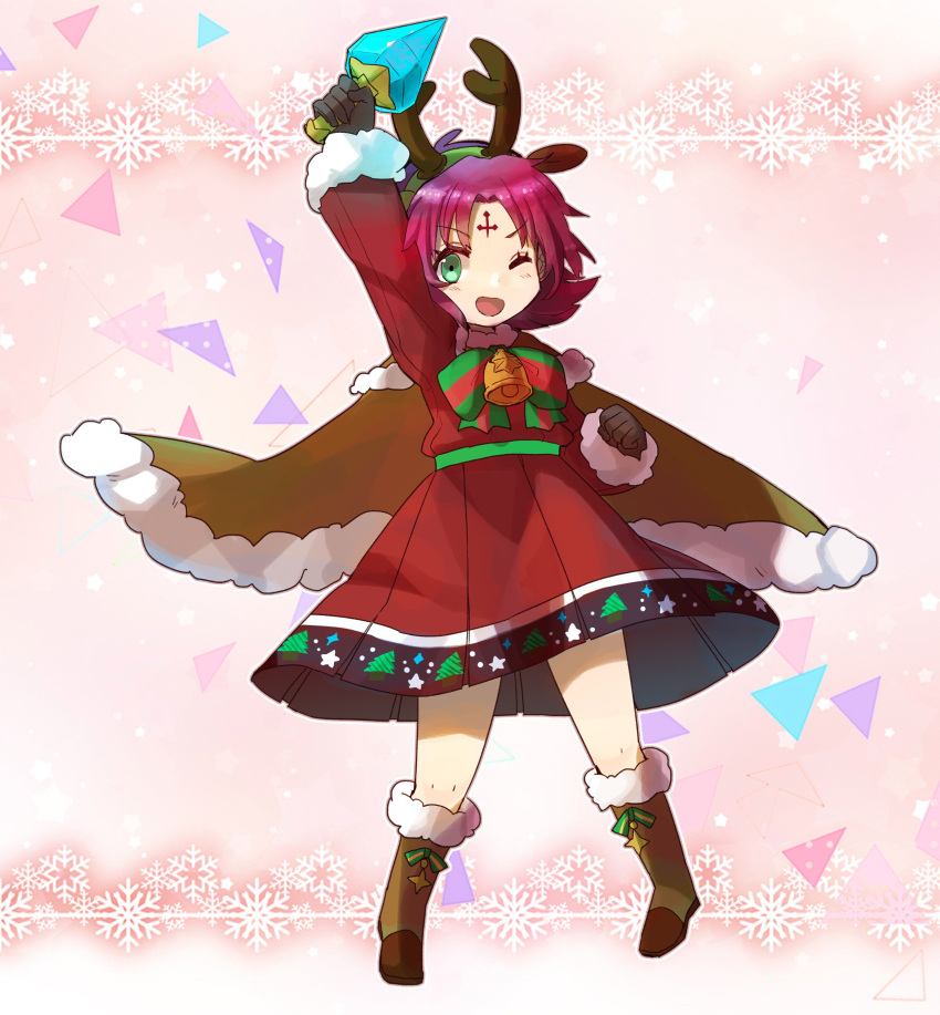 1girl absurdres antlers arm_up bell boots brown_gloves cape dress fa facial_mark fire_emblem fire_emblem:_fuuin_no_tsurugi fire_emblem_heroes forehead_mark full_body fur_trim gloves green_eyes highres long_sleeves mamkute nintendo one_eye_closed open_mouth peppedayo_ne purple_hair reindeer_antlers short_hair snowflakes solo