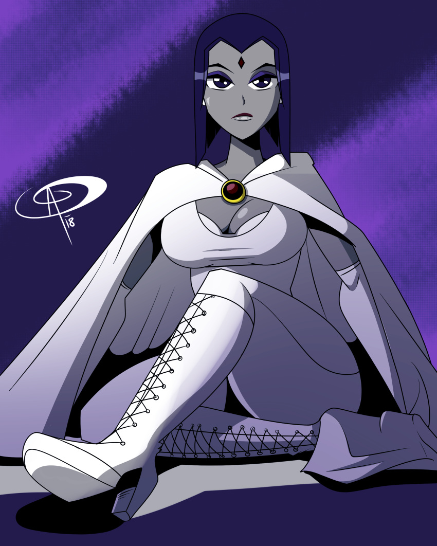 blue_hair boots breasts cape cleavage dc_comics grey_skin high_heel_boots high_heels lips raven_(dc) short_hair solo teen_titans white_boots white_cape white_cloths