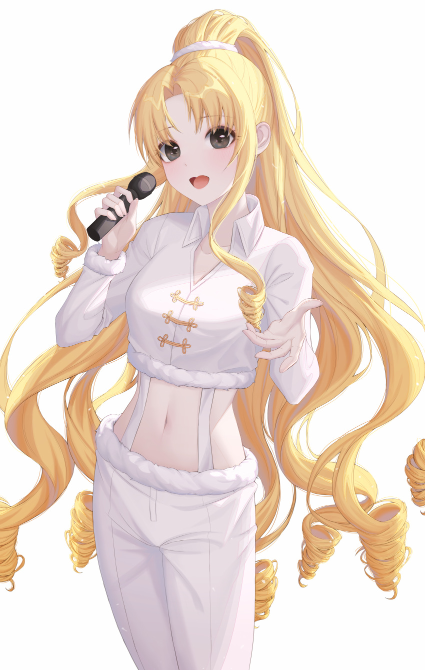 1girl :d absurdres bangs black_eyes blonde_hair blush breasts collared_shirt cropped_shirt drill_locks feet_out_of_frame full_moon_wo_sagashite fur-trimmed_legwear fur-trimmed_pants fur-trimmed_shirt fur-trimmed_sleeves fur_trim hair_ornament hair_scrunchie highres holding holding_microphone huge_filesize kouyama_mitsuki long_hair long_sleeves looking_at_viewer medium_breasts microphone midriff music navel open_mouth pants parted_bangs ppiya scrunchie shirt sidelocks simple_background singing smile solo split_ponytail standing stomach suspenders very_long_hair white_background white_legwear white_pants white_shirt wide_ponytail