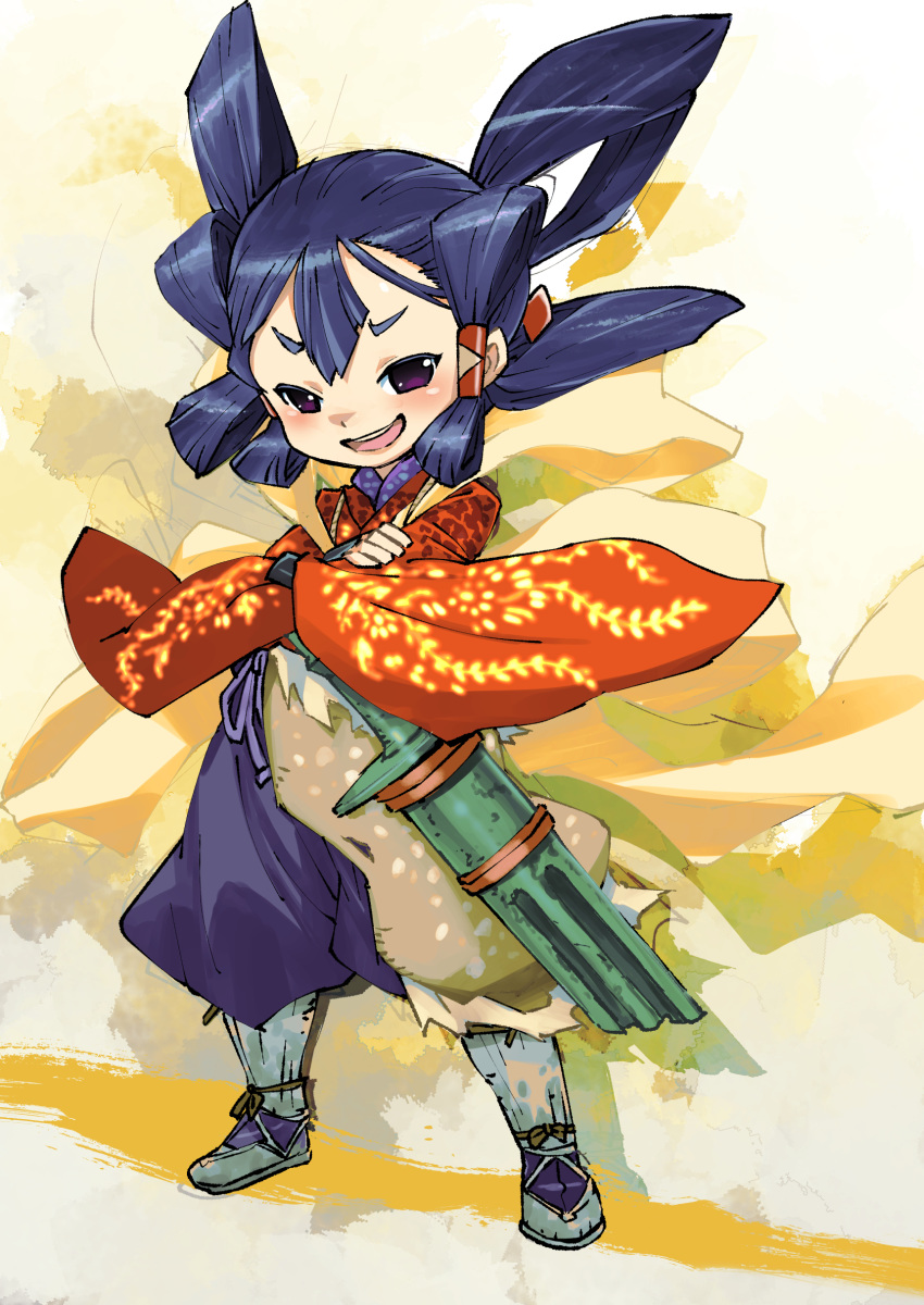 1girl absurdres black_eyes black_hair blush broken broken_sword broken_weapon clothing_request commentary_request crossed_arms hair_rings hair_tubes highres japanese_clothes long_hair muramasa_mikado open_mouth sakuna-hime short_eyebrows smile solo sword tensui_no_sakuna-hime weapon wide_sleeves