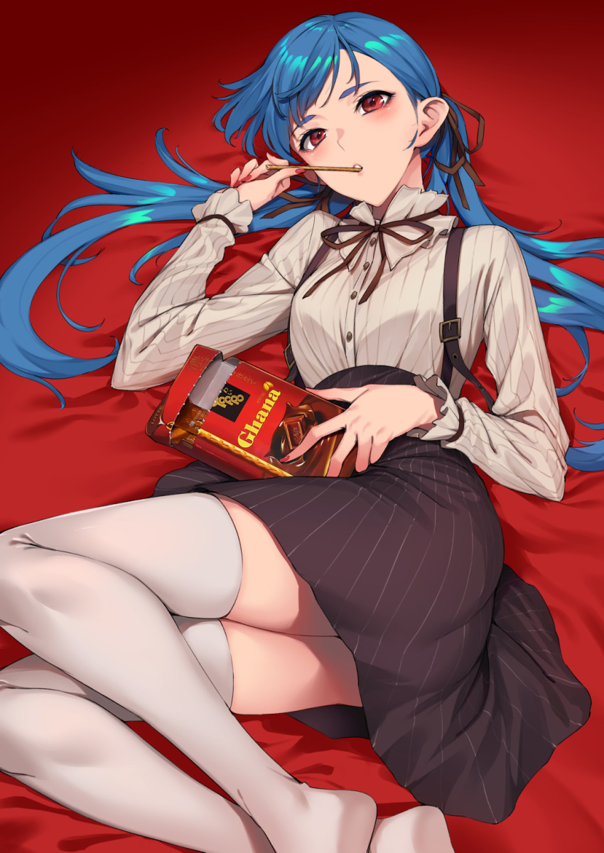 1girl bangs bed_sheet blue_hair blush box breasts brown_neckwear brown_ribbon brown_skirt commentary_request eyebrows_behind_hair fingernails folded_leg food food_in_mouth full_body ghana_(chocolate) grey_shirt grey_skirt hair_ribbon hand_up head_tilt high-waist_skirt highres holding holding_box legs_together long_hair long_sleeves looking_at_viewer lying nail_polish neck_ribbon no_shoes on_back on_side original pinstripe_pattern pinstripe_shirt pinstripe_skirt pocky red_background red_eyes red_nails ribbon shiny shiny_hair shirt skirt small_breasts solo striped striped_skirt sugarbeat suspenders swept_bangs thighhighs twintails very_long_hair white_legwear yukari_(sugarbeat)