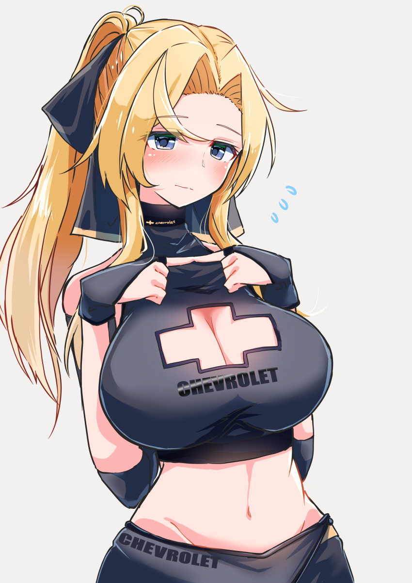 1girl absurdres alternate_costume alternate_hairstyle black_gloves black_skirt blonde_hair breasts chevrolet cleavage commentary_request cowboy_shot cross_cutout flying_sweatdrops gloves grey_background grey_eyes highres hornet_(kantai_collection) index_fingers_together kantai_collection komb large_breasts long_hair looking_at_viewer midriff partially_fingerless_gloves ponytail race_queen simple_background skirt solo