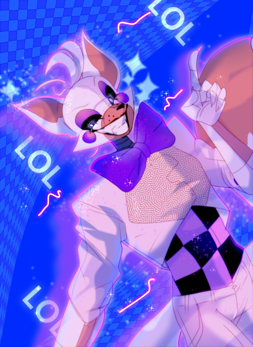 2020 5_fingers animatronic anthro black_sclera bow_tie canid canine claws eyebrows eyeshadow fangs fingers five_nights_at_freddy's five_nights_at_freddy's_world fox gesture hi_res larahhhhhhish lolbit_(fnaf) machine makeup mammal orange_body orange_inner_ear pointing robot sister_location smile video_games white_body white_eyes
