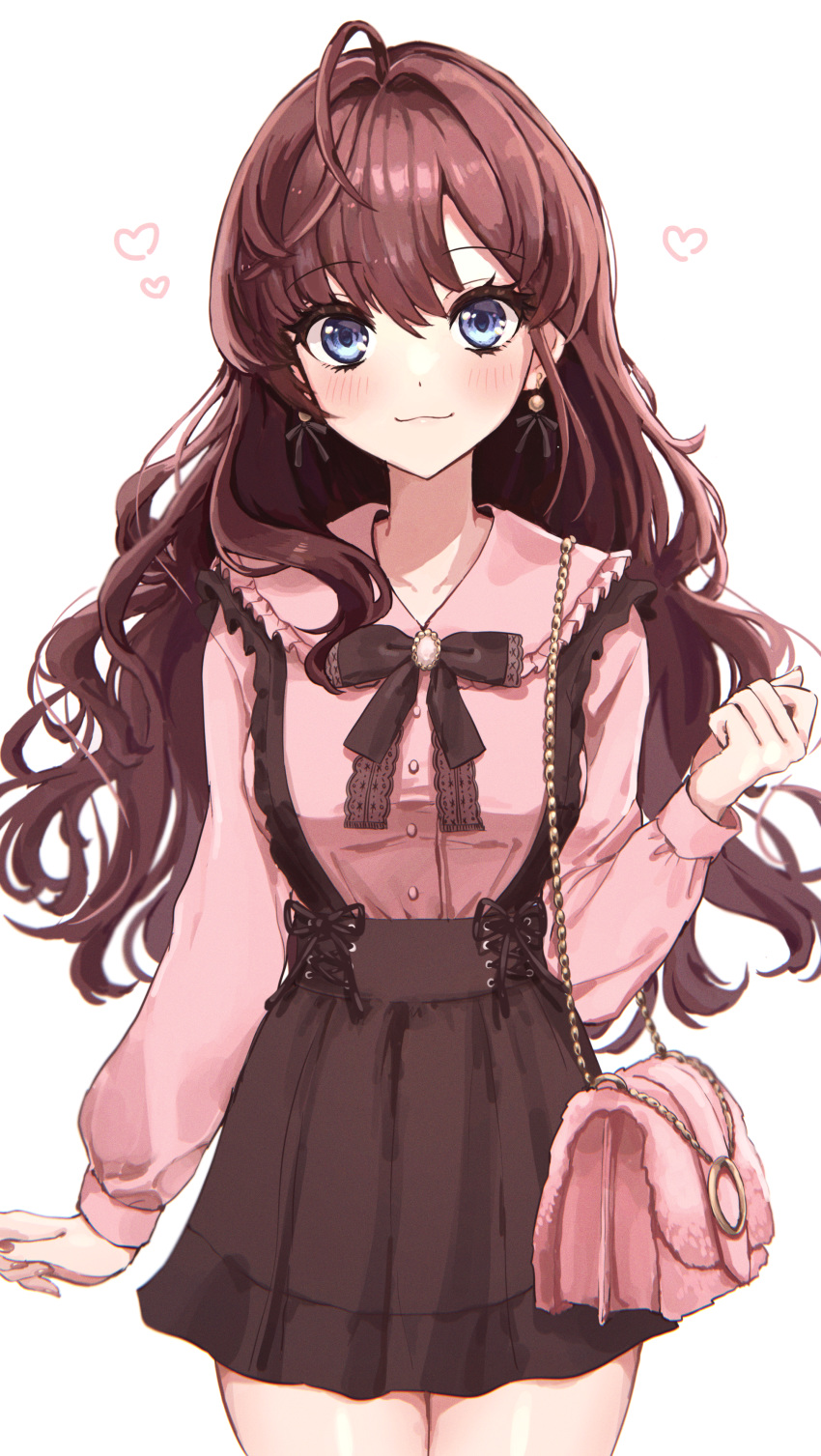 1girl absurdres bag black_skirt blue_eyes blush breasts closed_mouth dress earrings eyebrows_visible_through_hair hair_between_eyes highres huge_filesize ichinose_shiki idolmaster idolmaster_cinderella_girls idolmaster_cinderella_girls_starlight_stage jewelry kudou_(sikisiki0000) large_breasts long_sleeves looking_at_viewer nail_polish pink_dress pink_shirt red_hair red_nails shirt shoulder_bag simple_background skirt solo standing suspender_skirt suspenders thighs white_background